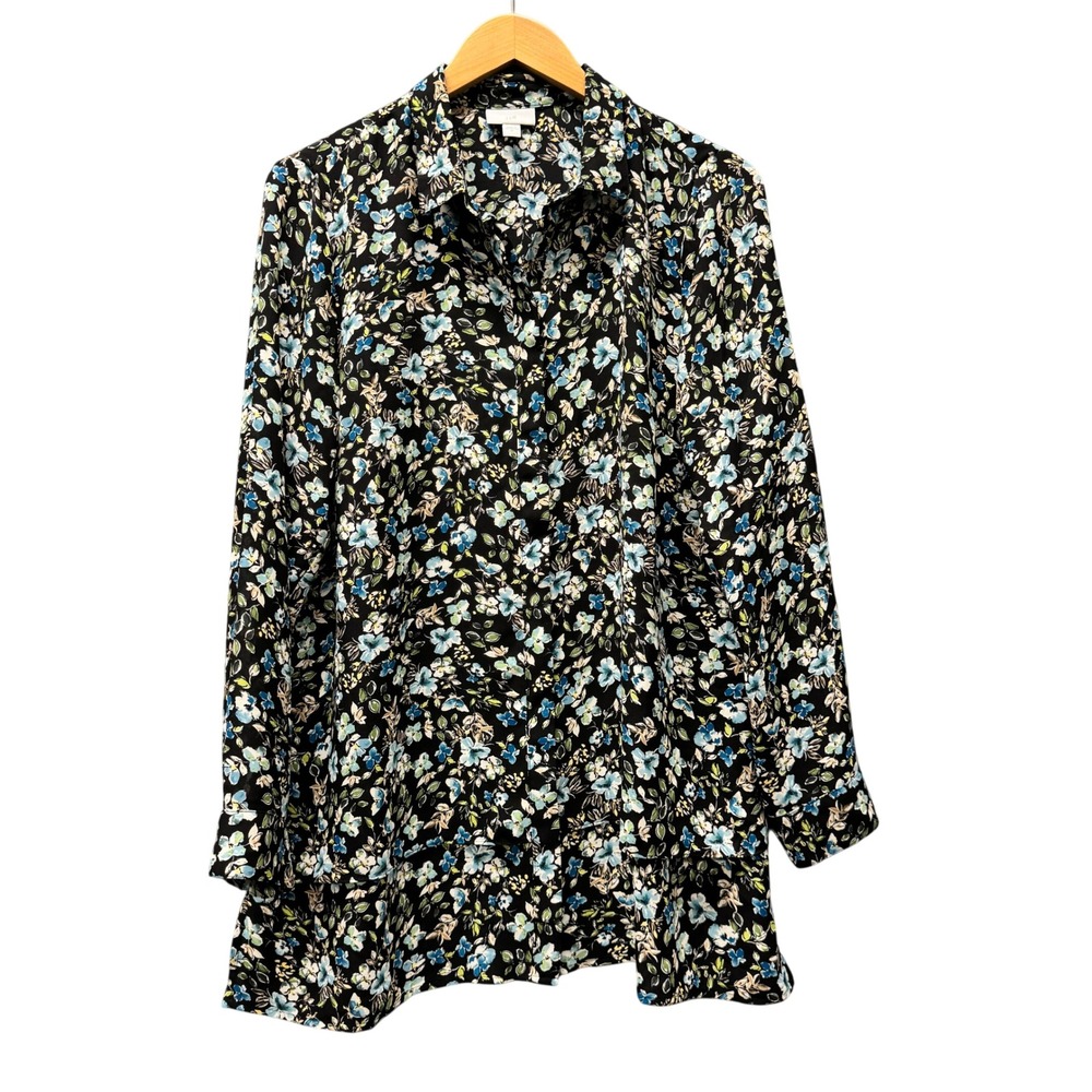J.Jill Blouse Womens Medium Floral Print Black Blue Casual Hidden Button Up